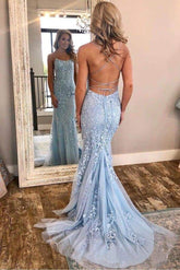 Light Blue Long Lace Open Back Mermaid Prom Dress-27Dress