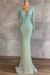 Light Blue Mermaid Beaded Tulle Prom Dress Long Sleeves With Sequins