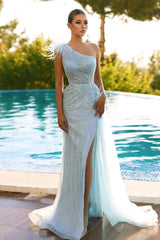Light Blue One Shoulder Mermaid Prom Dress With Feather Sequins Split