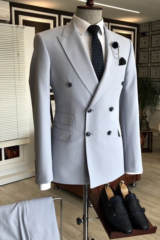 Light Peaked Lapel Double Breasted Close Fitting Blue Prom Suits