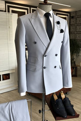 Light Peaked Lapel Double Breasted Close Fitting Blue Prom Suits