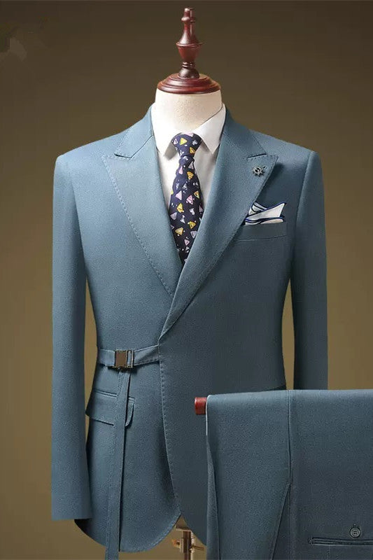 Light Peaked Lapel Two Pieces Men Blue Business Suits