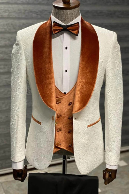 Light Velvet Shawl Lapel Three Pieces Jacquard Brown Wedding Suits