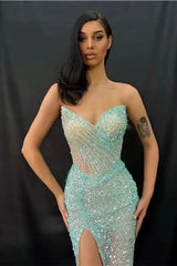 Light Green Strapless Sweetheart Split Prom Dress Mermaid With Sequins