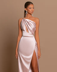 Light Pink One Shoulder Sleeveless Prom Dress With Split For Party