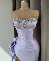 Light Purple Prom Dress With Rhinstone High Slit Gown Sleeveless
