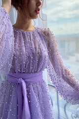 Lilac Long Sleeves Mermaid Evening Dress with Beaded and Sash-27dress