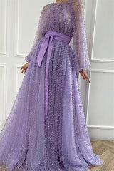 Lilac Long Sleeves Mermaid Evening Dress with Beaded and Sash-27dress