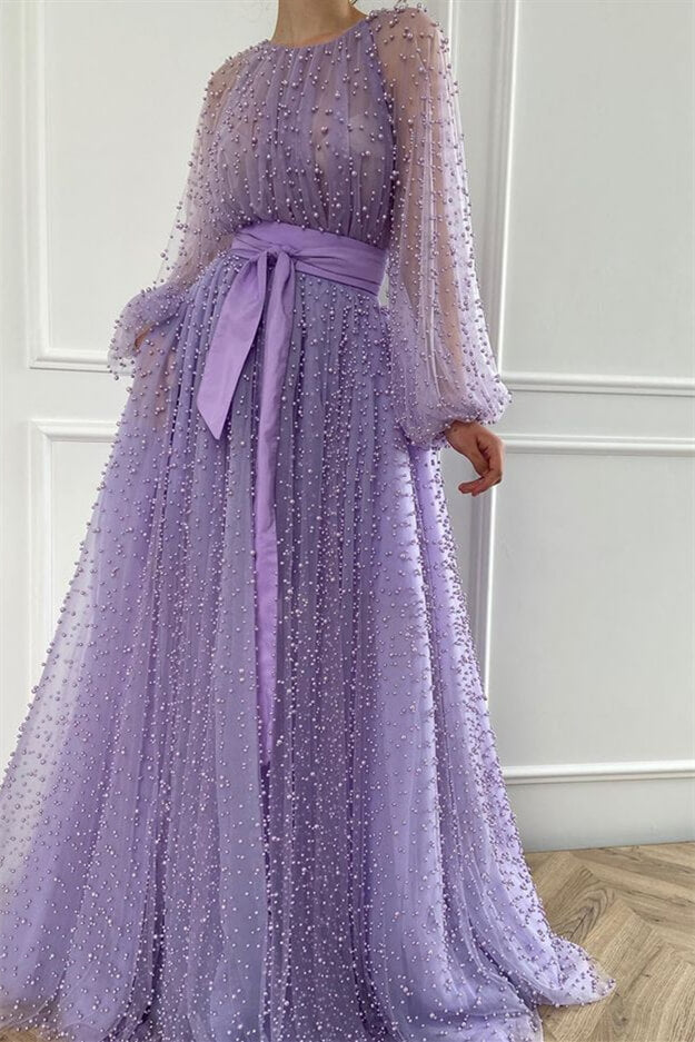 Lilac Long Sleeves Mermaid Evening Dress with Beaded and Sash-27dress