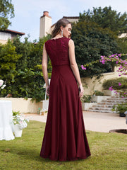 Long A Line Floral Lace Floor Length Sleeveless Chiffon Bridesmaid Dress-27dress
