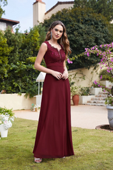Long A Line Floral Lace Floor Length Sleeveless Chiffon Bridesmaid Dress-27dress