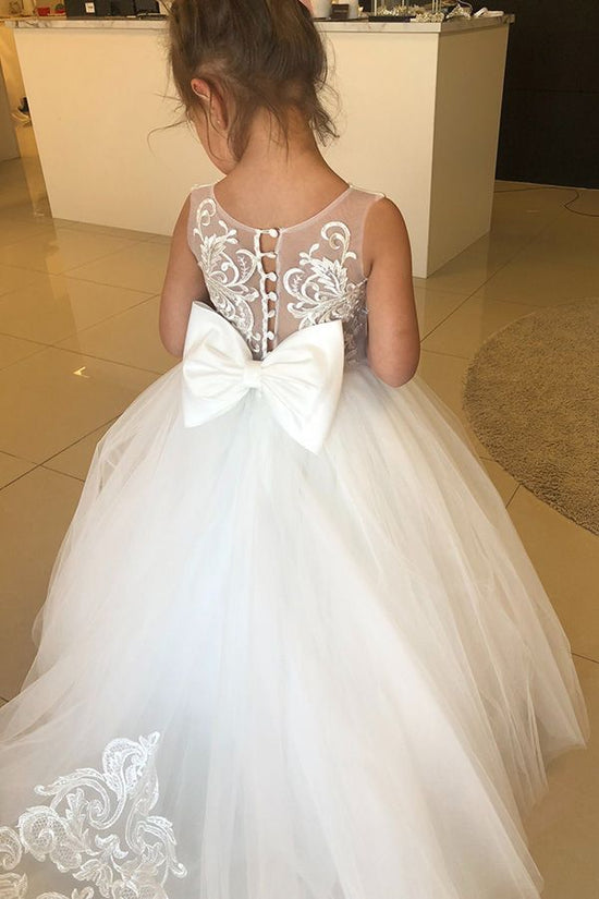 Long A-line Jewel Sleeveless Appliques Lace Tulle Flower Girl Dresses With Bow-27dress
