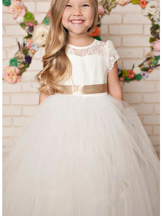 Long A-Line Lace Satin Tulle Jewel Neck Wedding Party Flower Girl Dresses-27dress