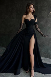Long A-line One Shoulder Sleeveless Lace Black Prom Dress With Sit-27dress