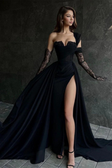 Long A-line One Shoulder Sleeveless Lace Black Prom Dress With Sit-27dress