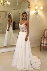 Long A-line Open Back V-neck Lace Chiffon Wedding Dress-27Dress