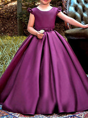 Long A-Line Satin Cap Sleeve Jewel Neck Pageant Flower Girl Dresses-27dress