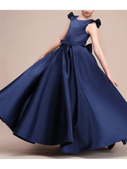 Long A-Line Satin Cap Sleeve Jewel Neck Pageant Flower Girl Dresses-27dress