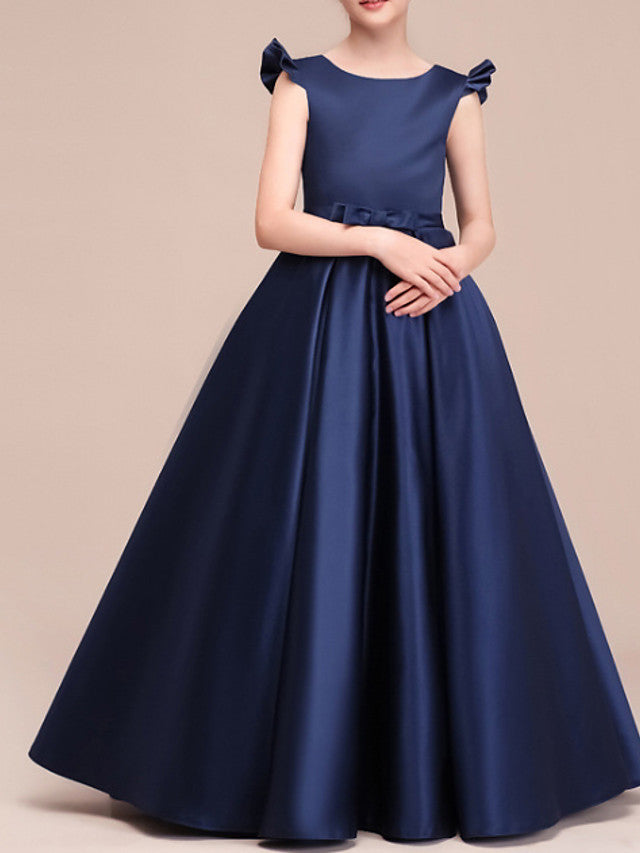 Long A-Line Satin Cap Sleeve Jewel Neck Pageant Flower Girl Dresses-27dress