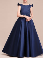 Long A-Line Satin Cap Sleeve Jewel Neck Pageant Flower Girl Dresses-27dress