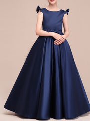 Long A-Line Satin Cap Sleeve Jewel Neck Pageant Flower Girl Dresses-27dress