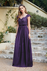 Long A line Scoop Neck Chiffon Floor Length Dress Lace Bridesmaid Dress-27dress