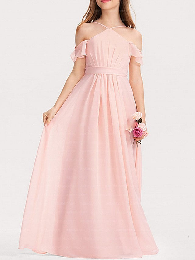 Long A-Line Spaghetti Strap Chiffon Pageant Flower Girl Dresses-27dress
