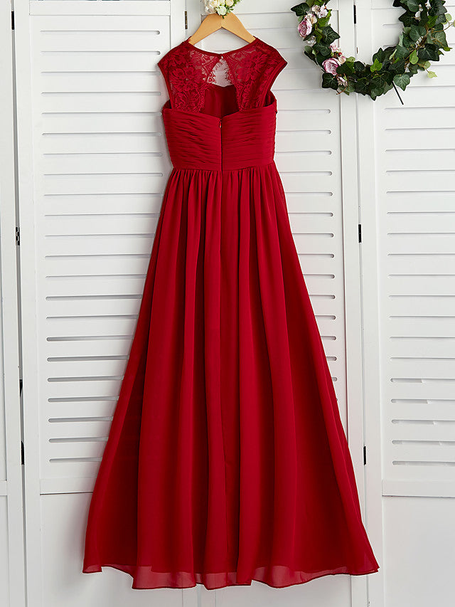 Long A-Line Square Neck Chiffon Junior Bridesmaid Dress With Lace Ruching-27dress