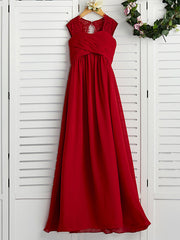 Long A-Line Square Neck Chiffon Junior Bridesmaid Dress With Lace Ruching-27dress