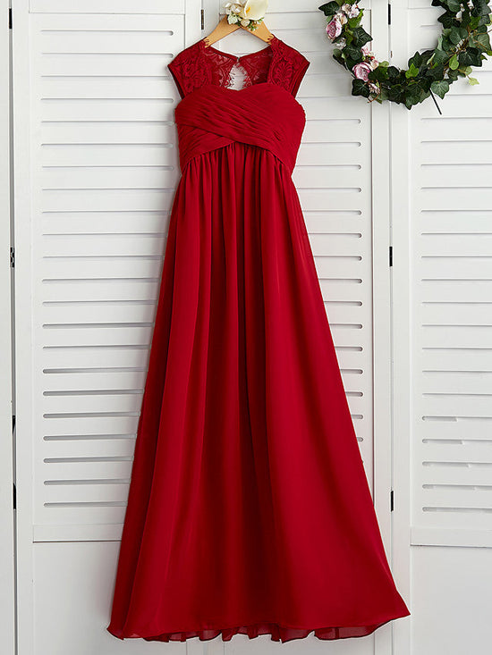 Long A-Line Square Neck Chiffon Junior Bridesmaid Dress With Lace Ruching-27dress