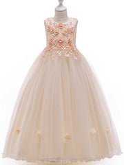 Long A-Line Tulle Jewel Neck Pageant Flower Girl Dresses With Bow-27dress