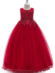 Long A-Line Tulle Jewel Neck Pageant Flower Girl Dresses With Bow-27dress