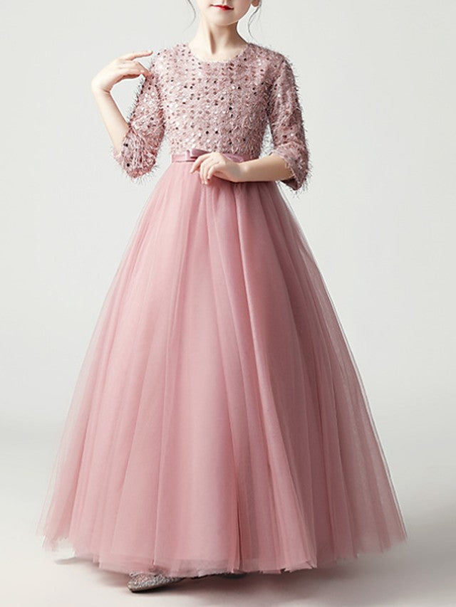 Long A-Line Tulle Jewel Neck Pageant Flower Girl Dresses With Sleeves-27dress