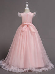 Long A-Line Tulle Jewel Neck Wedding Party Pageant Flower Girl Dresses with Sleeves-27dress