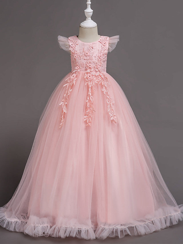 Long A-Line Tulle Jewel Neck Wedding Party Pageant Flower Girl Dresses with Sleeves-27dress