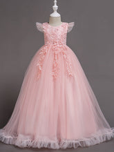 Long A-Line Tulle Jewel Neck Wedding Party Pageant Flower Girl Dresses with Sleeves-27dress