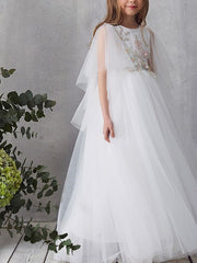 Long A-Line Tulle Short Sleeve Jewel Neck Pageant Flower Girl Dresses-27dress