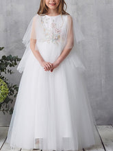 Long A-Line Tulle Short Sleeve Jewel Neck Pageant Flower Girl Dresses-27dress