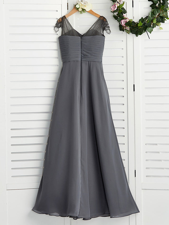 Long A-Line V Neck Chiffon Junior Bridesmaid Dress-27dress