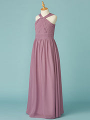 Long A-Line V Neck Chiffon Junior Bridesmaid Dress With Ruffles-27dress