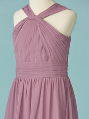 Long A-Line V Neck Chiffon Junior Bridesmaid Dress With Ruffles-27dress
