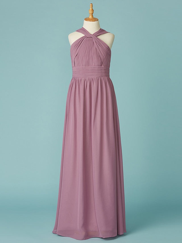 Long A-Line V Neck Chiffon Junior Bridesmaid Dress With Ruffles-27dress