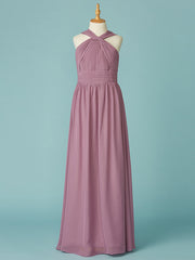 Long A-Line V Neck Chiffon Junior Bridesmaid Dress With Ruffles-27dress