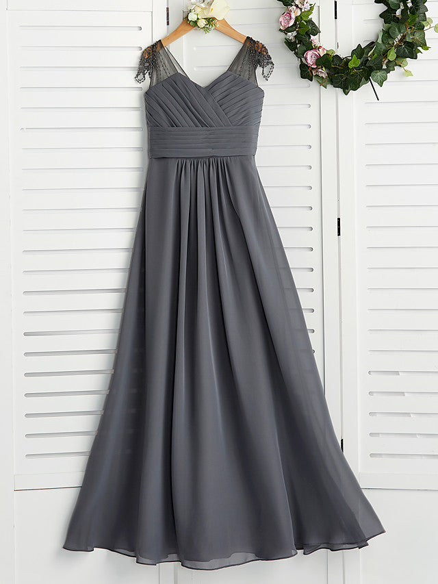 Long A-Line V Neck Chiffon Junior Bridesmaid Dress-27dress