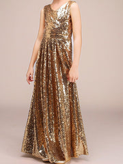 Long A-Line V neck Sequined Pageant Flower Girl Dresses-27dress