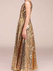 Long A-Line V neck Sequined Pageant Flower Girl Dresses-27dress