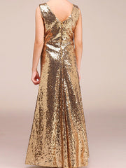 Long A-Line V neck Sequined Pageant Flower Girl Dresses-27dress