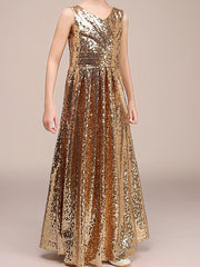 Long A-Line V neck Sequined Pageant Flower Girl Dresses-27dress