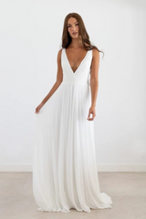 Long A-Line V-Neck Sleeveless Floor Length Chiffon Wedding Dresses-27dress