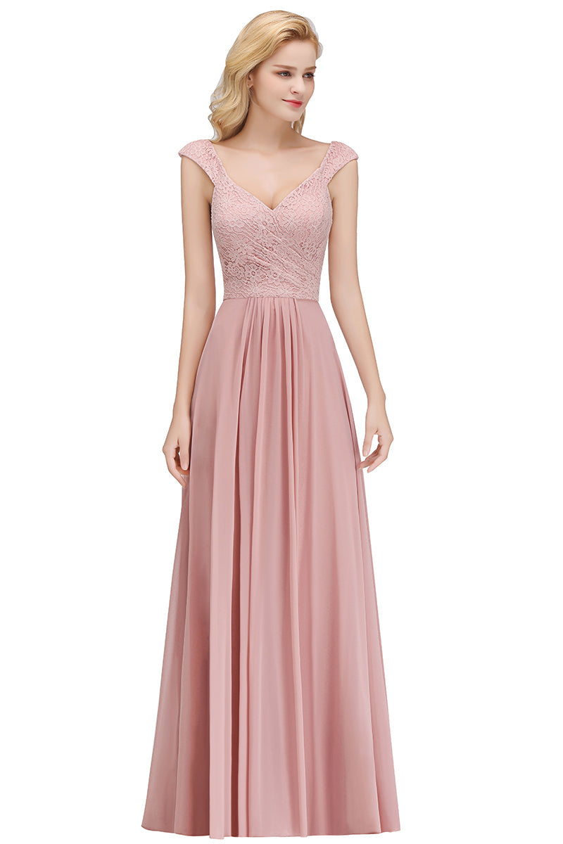 Long A-line V-neck Sweetheart Sleeveless Lace Chiffon Bridesmaid Dresses-27dress
